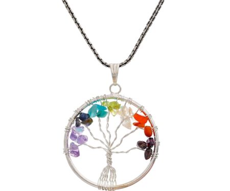 7 Chakra Pendant Tree of Life Crystal Stone Pendant Locket with Metal Chain for  Healing Crystal Healing Gemstone Size 35-40 mm clear quarts7 chakra