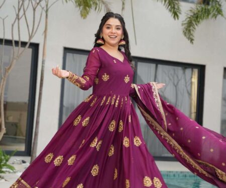 Women’s Ethnic Anarkali Style Floor-Length Gown in Magenta with Golden Zari Embroidery – Festive & Wedding Wear