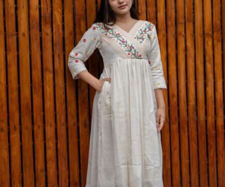 Women's Cotton Embroidered Short Anarkali Gown (Off White)