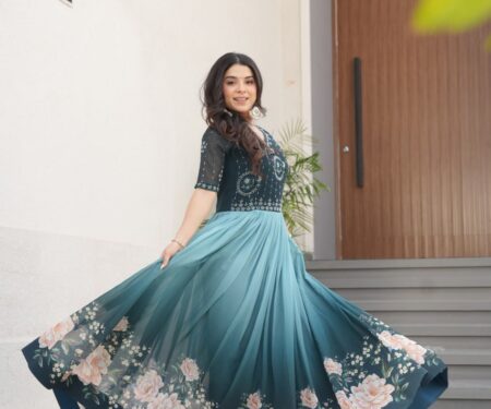 Women's Elegant Teal & Aqua Ombre Gown with Floral Printed Flair & Embellished Bodice – Perfect for Summer Festivities & Parties