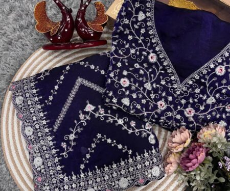 Royal Blue Embroidered Blouse Piece with Intricate Mirror, Sequin & Floral Threadwork – Ready-to-Stitch Fabric for Sarees & Festive Ethnic Wear