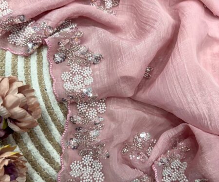 Women's Soft Pink Organza Saree with Delicate Pearl & Sequin Floral Embroidery – Lightweight Sheer Drape for Festive, Wedding & Party Wear