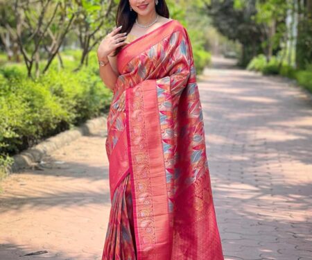 Women's Luxurious Pista Green & Pink Art Silk Saree with Intricate Leaf Weave & Broad Zari Border – Ideal for Festive & Wedding Occasions