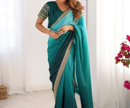 Women's Elegant Ombre Green Georgette Saree with Intricate Golden Zari & Stone Embellishments – Complete with Heavily Worked Blouse for Festive & Wedding Wear