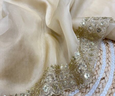 Luxurious Ivory Organza Dupatta with Heavy Golden Sequin & Zari Cutwork Border – Perfect for Weddings & Festive Layering