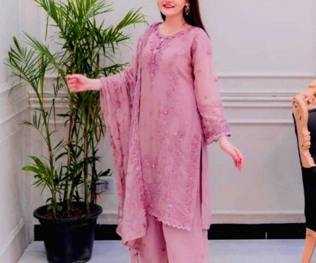 Women's Faux Georgette Embroidery work Straight Kurti With Pant and Dupatta Set