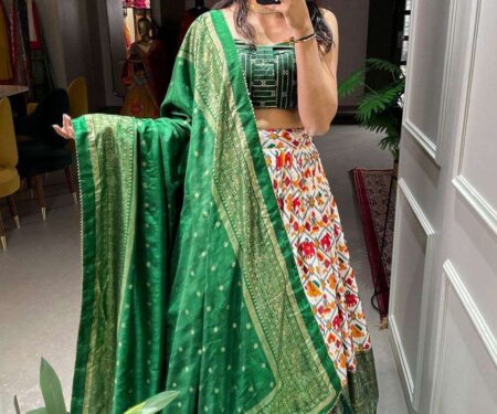 Women's Tussar Silk Patola Print Lehenga Choli Dupatta Set