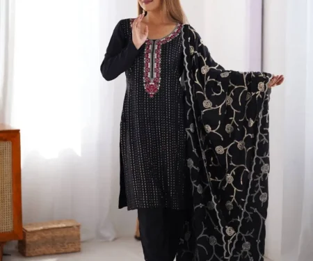 Women's Chinon Silk Sequence And Thread Work Straight Kurti With Pant and Dupatta Set