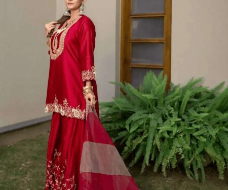 Women's Chinon Silk Sequence Embroidery Work Straight Kurti With Sharara Suit and Dupatta Set