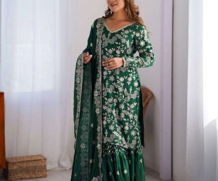 Women's Chinon Silk Embroidery Sequence Work Straight Kurti With Sharara Suit and Dupatta Set