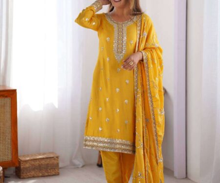 Women's Chinon Silk Embroidered Straight Kurti with Pant And Dupatta Set