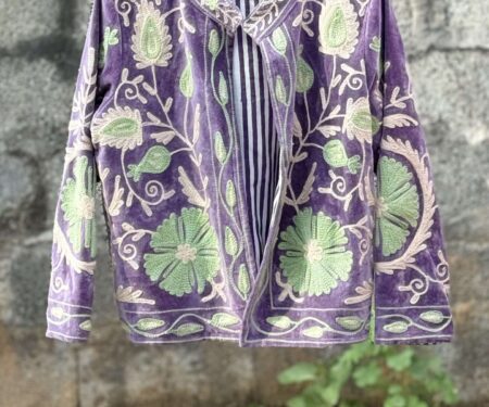 Womens Purple Velvet Embroidered Jacket with Floral Design