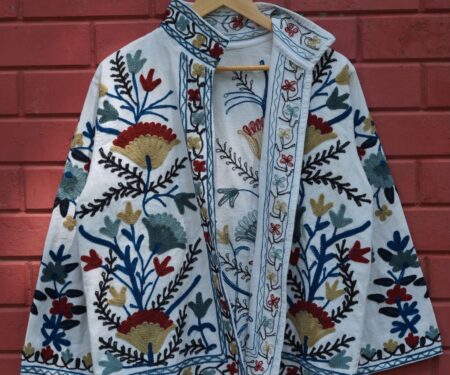 Womens White Velvet Embroidered Jacket with Floral Design