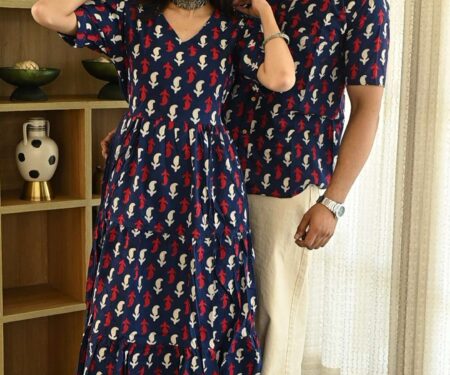 Couple Matching Navy Blue Cotton Anarkali Midi Dress and Shirt Set ? Red & White Abstract Print