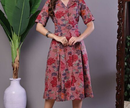 Women's Pink Floral Cotton Pleated Midi Dress with Collar