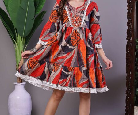 Wome's Multicolor Printed Cotton A-Line Dress with Embroidered Yoke Midi Dresses