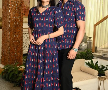 Couple Matching Navy Blue Cotton Printed Anarkali Midi Dress & Shirt Set ? Casual & Festive Wear