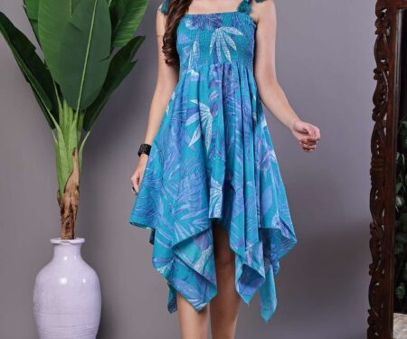 Women's Blue Printed Asymmetrical Hem Smocked A-Line Dress Midi Dresses