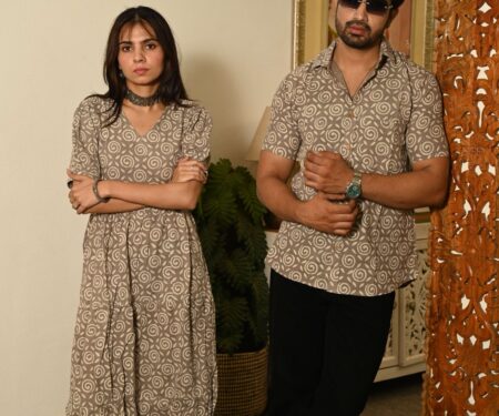 Couple Matching Beige Cotton Anarkali Midi Dress and Shirt Set ? Swirl Block Print