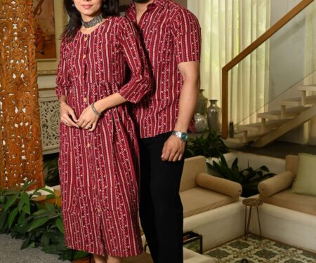 Couple Matching Maroon Cotton Anarkali Midi Dress and Shirt Set ? Vertical Stripe Ethnic Print