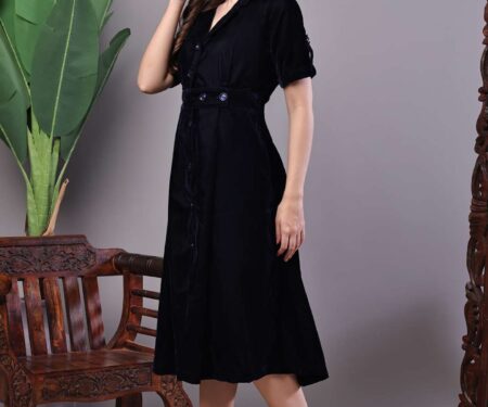 Women's Black Velvet Solid Printed Shirt Midi Dress with Belt