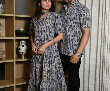 Couple Matching Navy Blue Cotton Anarkali Midi Dress and Shirt Set ? Paisley Block Print