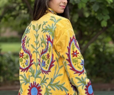 Womens Yellow Velvet Embroidered Jacket with Floral Design