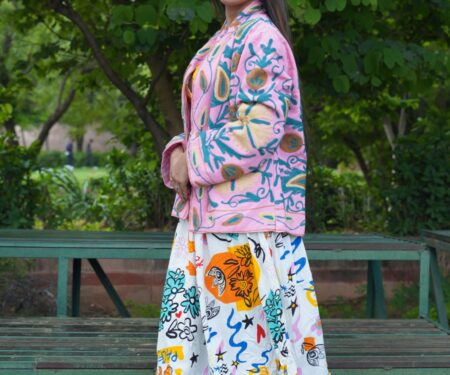 Womens Pink Velvet Embroidered Jacket with Floral Design