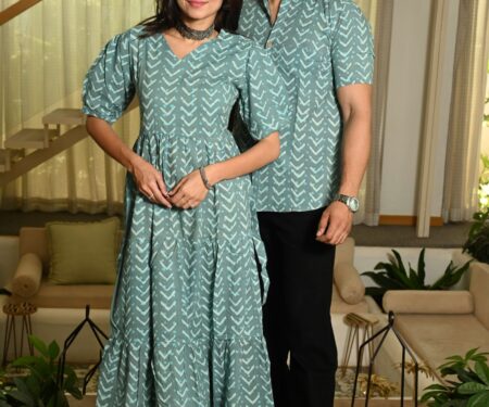 Couple Matching Green Cotton Anarkali Midi Dress and Shirt Set ? Arrow Print