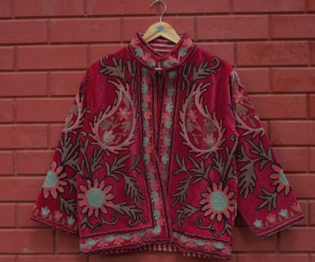 Womens Red Velvet Embroidered Jacket with Floral Design
