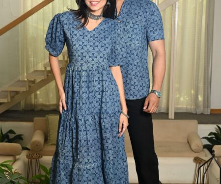 Couple Matching Blue Cotton Anarkali Midi Dress and Shirt Set ? Geometric Block Print