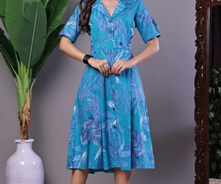 Women's Blue Floral Cotton Pleated Midi Dress with Collar