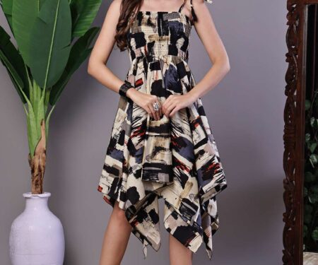 Women's Abstract Print Smocked Asymmetrical Hem Dress Midi Dresses