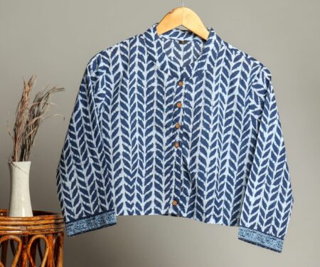 Hand Block Printed Cotton Shirt for Women ? Indigo Blue Leaf Print Button-Down Top with Long Sleeves