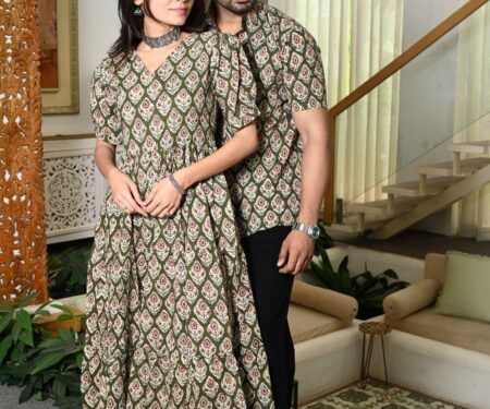 Couple Matching Green Cotton Anarkali Midi Dress and Shirt Set ? Ethnic Motif Print
