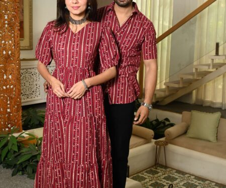Couple Matching Maroon Cotton Anarkali Midi Dress and Shirt Set ? Vertical Stripe Ethnic Print