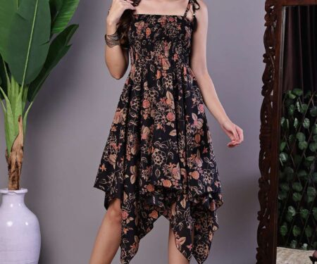 Women's Black Floral Printed Cotton Handkerchief Hem Dress Midi Dresses