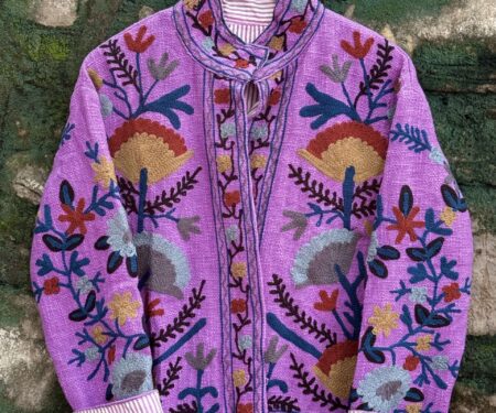 Womens Purple Velvet Embroidered Jacket with Floral Design