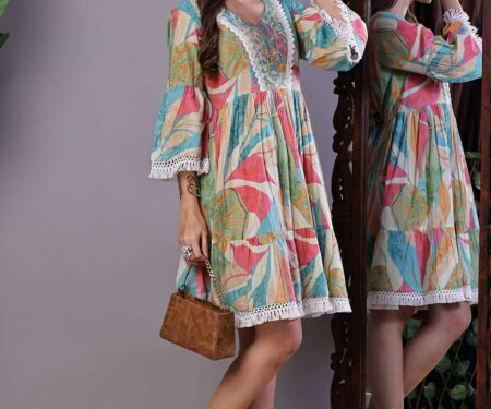 Wome's Multicolor Printed Cotton A-Line Dress with Embroidered Yoke Midi Dresses