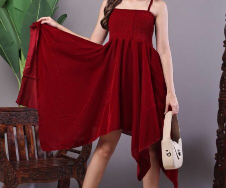 Women's Junglee Velvet Maroon Handkerchief Hem Dress