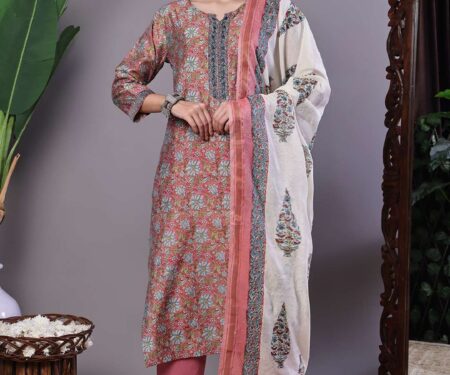 Women's Pink Floral Chanderi Printed Kurta Set with Dupatta Suit Sets