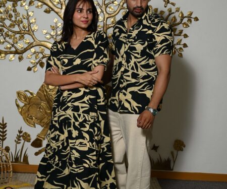 Couple Matching Black Printed Cotton Anarkali Midi Dress & Shirt Set ? Summer Casual Wear