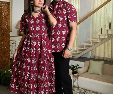 Couple Matching Maroon Cotton Printed Anarkali Midi Dress & Shirt Set ? Casual & Festive Wear