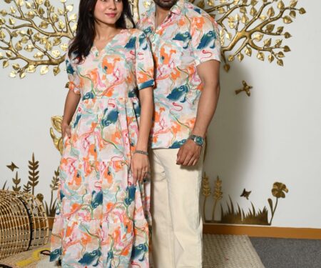 Couple Matching Abstract Print Cotton Anarkali Midi Dress & Shirt Set ? Multicolor Summer Outfit