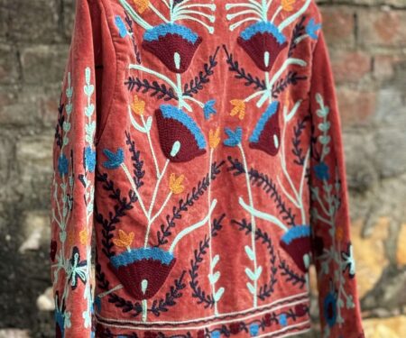Womens Terracotta Velvet Embroidered Jacket with Floral Design